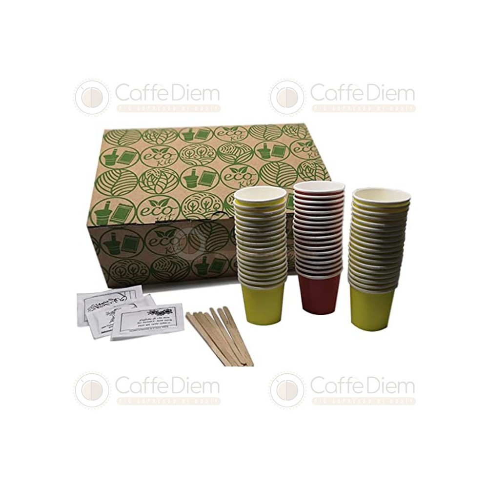 Accessori per caffè Ecologico: 150 Bicchierini di Carta, Zucchero e Palette di legno di Bamboo